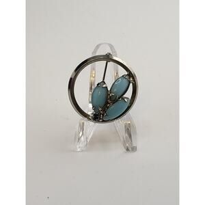 Vintage Blue Glass Leaf Circle Brooch Art Deco Revival Silver Tone